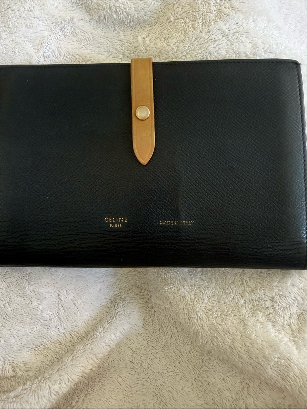 Celine Black Leather Wallet with Tan Snap Strap